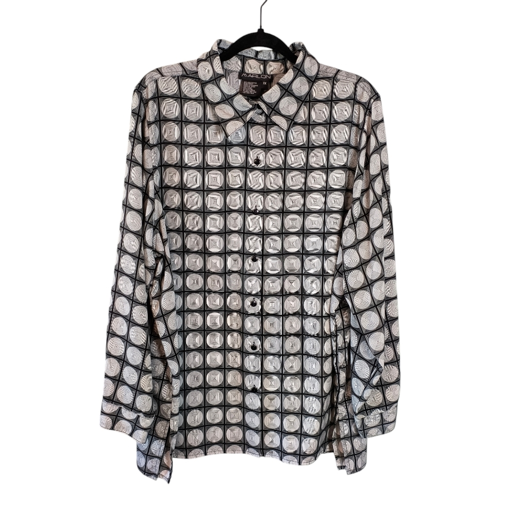 Marlon circle print button up blouse black/white 1X